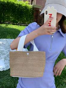 手工编织草编半月形沙滩手提包，大容量女士夏季镂空斜挎单肩包，夏季半月形草编包，女士手工便携手提包，大容量沙滩包，篮式编织手提包 - 白色 - 查看 3