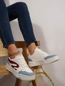 Women's Casual Sneakers - Chic White With Blue & Red Accents, Lace-Up Round Toe Faux Cover Upper, Breathable Fabric Lining & Cushioned EVA Insole, Durable Rubber Sole Low-Top All-Season Walking Shoes For Casual Attire, Ladies Sneakers, Sleek Sneaker Design - Blue - View 5