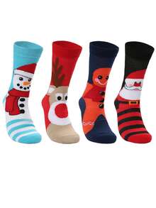 4 Pairs Of Men's Autumn And Winter Christmas Personalized Pattern Snowman Elk Gingerbread Man Santa Claus Contrast Color Christmas Atmosphere Mid-Tube Socks For Men Suitable For Christmas Gifts, Daily Commuting To Work, School, Outings And Other Scenes