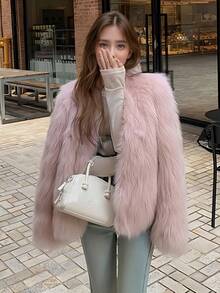 新款冬季女士优雅别致粉色仿皮草外套 时尚复古蓬松长袖休闲毛绒皮草外套 女式毛绒蓬松夹克外套 派对圣诞节新年服装 - 粉色 - 查看 4