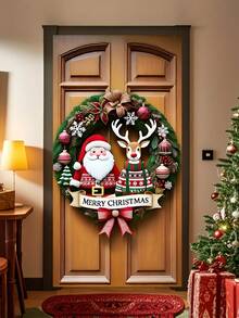 1 pezzo Ghirlanda natalizia HEGO in poliestere con Babbo Natale e renne, fiocco rosso per appendere alla porta, decorazione festiva per interni/esterni, senza alimentazione elettrica, ideale per l'ingresso, adatta per porte standard - Multicolore - Visualizzare 9