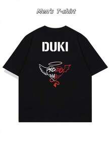 Black Duki Graphic T-Shirt For Men, Herren-T-Shirt Mit Beidseitigem Aufdruck, Modisch, L?Ssig, Rundhalsausschnitt, 220 G/M2, Reine Baumwolle (1 Stück) - 黑色 - 查看 3