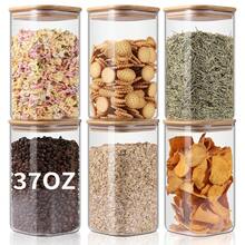 6PCS Glass Storage Jars, 37oz Clear Glass Food Storage Container With Sealed Bamboo Lid Stackable Kitchen Jars For Candy, Biscuits, Rice, Sugar, Flour, Pasta, Nuts & Spice Jars (Square)