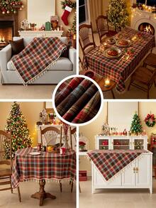 1pc Christmas Plaid Tablecloth, Tassel Decor, Retro Brown-Red Plaid, Brushed Woven Fabric, Rectangular, Washable, Suitable For Coffee Table, Bedside Cabinet, Dining Table Decor, Suitable For Home Kitchen, Party Dinner, Holiday Party Decor, Christmas, New Year, Autumn Decoration