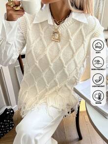 Fall Winter Women's Argyle Sweater Vest, Cozy Knitted Sleeveless Pullover V-Neck Top, Vintage V-Neck Slimming Distressed Fringe Detail Vest, Preppy, Chic Sweater Vest For Women - Multicolor - View 4