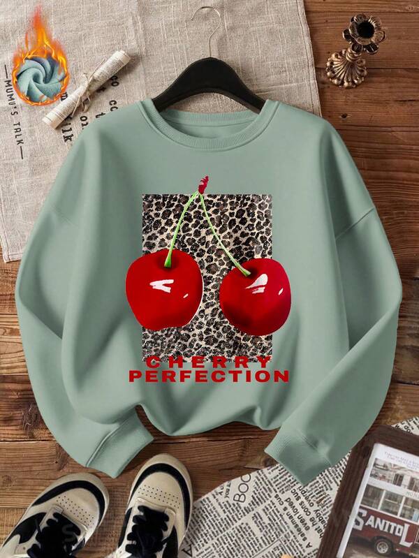 Warmes Damen-Sweatshirt mit Rundhalsausschnitt, Damen-Oberteil aus Baumwolle, Oversize-Sweatshirt mit Leoparden- und Kirschen-Print, Herbst/Winter, warmes Fleecefutter, lockere Passform, lässiges Sweatshirt, vielseitig verwendbar, Vintage-/Preppy-Stil, weiches und atmungsaktives Ausgeh-Oberteil, langärmliges Oberteil für kaltes Wetter, Damen-Streetwear-Sport-Oberteil, Trip-Sweatshirt mit Rundhalsausschnitt, Italien-Seeater, Halloween-Festival-Kleidung, Matcha-grünes Oberteil