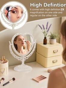 Heart-Shaped Makeup Mirror With Double-Sided Vintage Vanity Mirror, Featuring A Stand With A Rotating Vanity Mirror. Ideal For Makeup Application, Girls, Women, Beauty, And Spa Parties. The Adorable Heart-Shaped Princess Vanity Mirror Is Perfect For Tabletops. This Double-Sided Rotating Table Mirror With A Stand Makes An Excellent Choice For Decorating Girls' Rooms And As A Festive Gift For Family And Friends During Halloween And Christmas.,Makeup,Cheap,Room Decor,Vanity,Travel,Bedroom,Makeup Accessories,Mirror,Vanity Mirror,Cheap,Stocking Stuffers,Makeup,Makeup Tools,Cheap Stuff,Gifts,Gifts For Women,Christmas Gifts - White - View 2