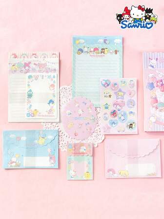 Sanrio 1 PC Ensemble de papeterie et d'enveloppes officiellement sous licence Sanrio Hello chat Kuromi Melody Cinnamoroll avec autocollants imperméables et carte de félicitations - 6 styles de papier à lettres pastel et 3 styles d'enveloppes, cadeau pour anniversaires, remise de diplômes, fête de l'amitié, événements scolaires - Collection de papeterie kawaii mignonne, cadeau de remise de diplôme, design de dessin animé, matériau durable, impression de haute qualité, pour les amateurs d'anime