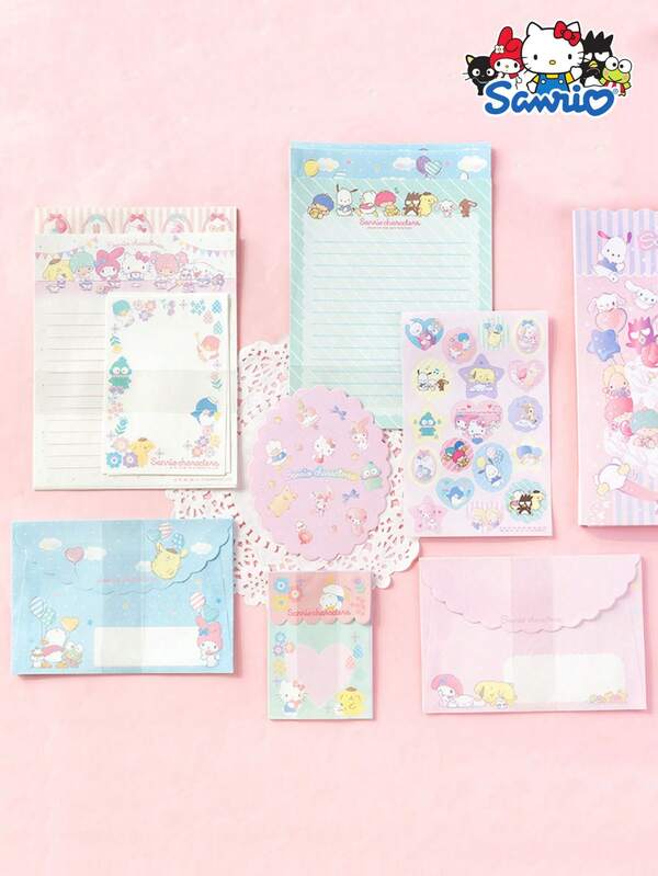 Sanrio 1 pieza Juego de papelería y sobres con diseño oficial con licencia de Sanrio Hello Kitty, Kuromi, Melody, Cinnamoroll - 6 hojas de cartas en colores pastel y 3 estilos de sobres, con pegatinas impermeables y tarjeta de felicitación - Regalo para cumpleaños, graduación, día de la , eventos escolares - Colección de papelería Kawaii linda, regalo de graduación, diseño de dibujos animados, material duradero, impresión de alta calidad, para amantes del anime