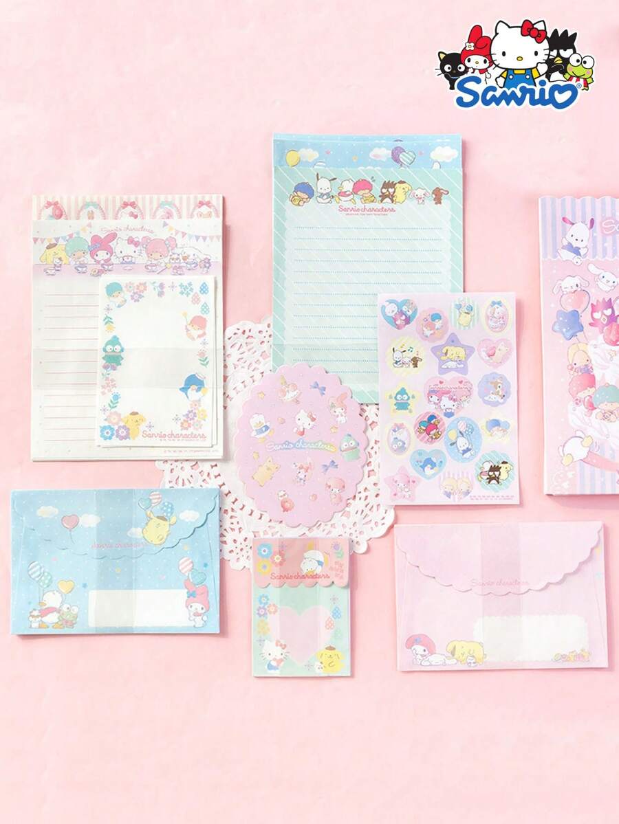 Sanrio 1 szt. Oficjalny, licencjonowany zestaw kopert i papeterii Sanrio Hello Kitty Kuromi Melody Cinnamoroll z wodoodporną naklejką i kartką z gratulacjami – 6 pastelowych papierów listowych i 3 koperty, prezent na urodziny, ukończenie szkoły, Dzień Przyjaźni, wydarzenia szkolne – urocza kolekcja papeterii kawaii, prezent na ukończenie szkoły, kreskówkowy wzór, trwały materiał, wysokiej jakości nadruk, dla miłośników anime