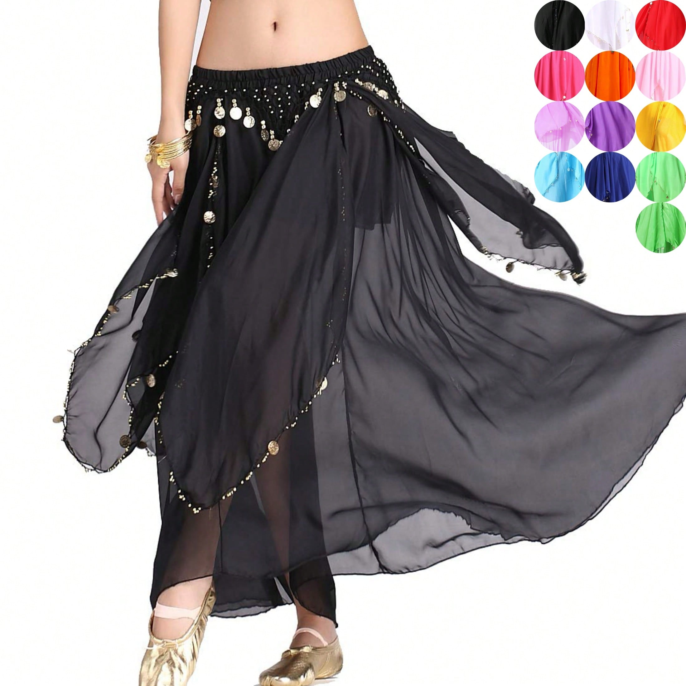Falda maxi para danza del vientre de mujer, decorada con monedas, de material de gasa, con volantes multicapa, adecuada para fiestas, festivales, actu
