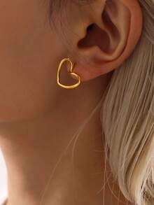 Sweet Style Versatile Heart-Shaped Stud Earrings For Women, Gold Color Small Unique Heart Design Titanium Steel Plated Jewelry