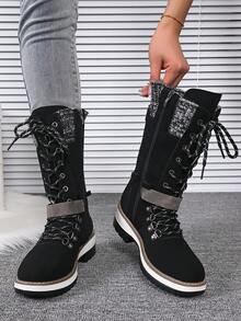Women's Autumn/Winter New Bohemian Style Mid-Calf Boots, Slimming Round Toe Black Flat Boots, Retro Western Embroidered Riding Boots