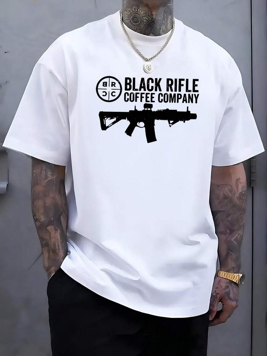 Men's Casual Graphic T-Shirt - BLACK RIFLE COFFEE COMPANY Print, Soft Breathable Summer Tee, Regular Fit Round Neck, White With Black Rifle Design, Hand Wash Only, Gun T Shirt, Everyday Tee, Minimalist Design, Comfortable Material, Print Tee, Streetwear Lovers - trắng - Xem 1