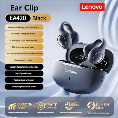  Écouteurs intra-auriculaires Lenovo EA420 Sport Bluetooth 5.4 sans fil avec microphone antibruit. Type d'écouteur avec clip d'oreille en forme de U. Contrôle tactile, longue durée de vie de la batterie, voix HD. Écouteurs sans fil avec clip d'oreille