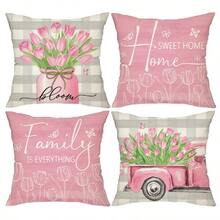 4 Vỏ gối họa tiết hoa tulip - 17,7 * 17,7 inch, lọ thủy tinh Mason và xe tải trang trí nhà cửa ngọt ngào, vỏ gối trang trí theo mùa xuân hè, cho hiên nhà, sân vườn, ghế sofa phòng khách ngoài trời, in một mặt, không có ruột gối - Nhiều màu - Xem 2