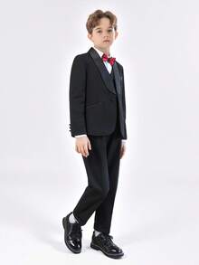Conjunto formal de 3 piezas para niño pequeño: chaqueta de cuello mao de manga larga, chaleco de una hilera, pantalones y corbata de moño - Negro - Ver 3