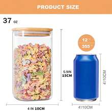 6PCS Glass Storage Jars, 37oz Clear Glass Food Storage Container With Sealed Bamboo Lid Stackable Kitchen Jars For Candy, Biscuits, Rice, Sugar, Flour, Pasta, Nuts & Spice Jars (Square)