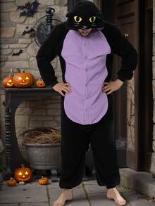 Adult Men's Cat Cartoon One-Piece Pajamas Autumn And Winter Thickened Animal One-Piece Pajamas Hooded Warm Home Clothes Halloween Costume Christmas Role Play Party Costume - 黑色 - 查看 3