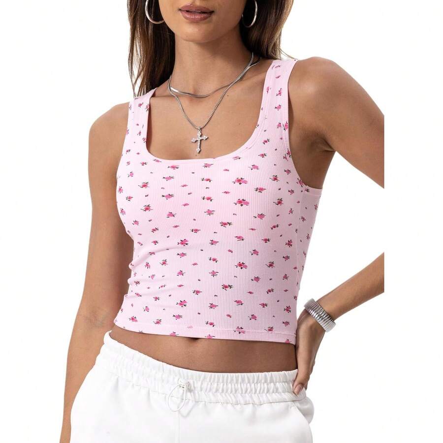 Camiseta de mujer de costilla con acolchado, top de entrenamiento de cuello cuadrado, top corto ajustado, camiseta básica de tirantes - Rosa rosa floral - Ver 1