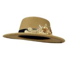 Womens Fedora Hat Stylish Elegant Decorative Flower Panama Hat Wide Flat Brim Jazz Cap - 卡其色 - 查看 6