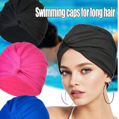 Women's Long Hair Black Swimming Cap, Fabric Swimming Cap, Soft & Pressure-Free Swimming Cap, Stretchy Fabric Won't Squeeze Head, High-End Swimming Cap, Beach Accessory, Swimming Pool Floater