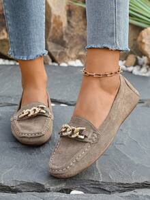 Women's Spring New Arrival Chain Loafers, Soft Leather Penny Loafers Slip-On Flat Shoes - Mocha Brown - View 5