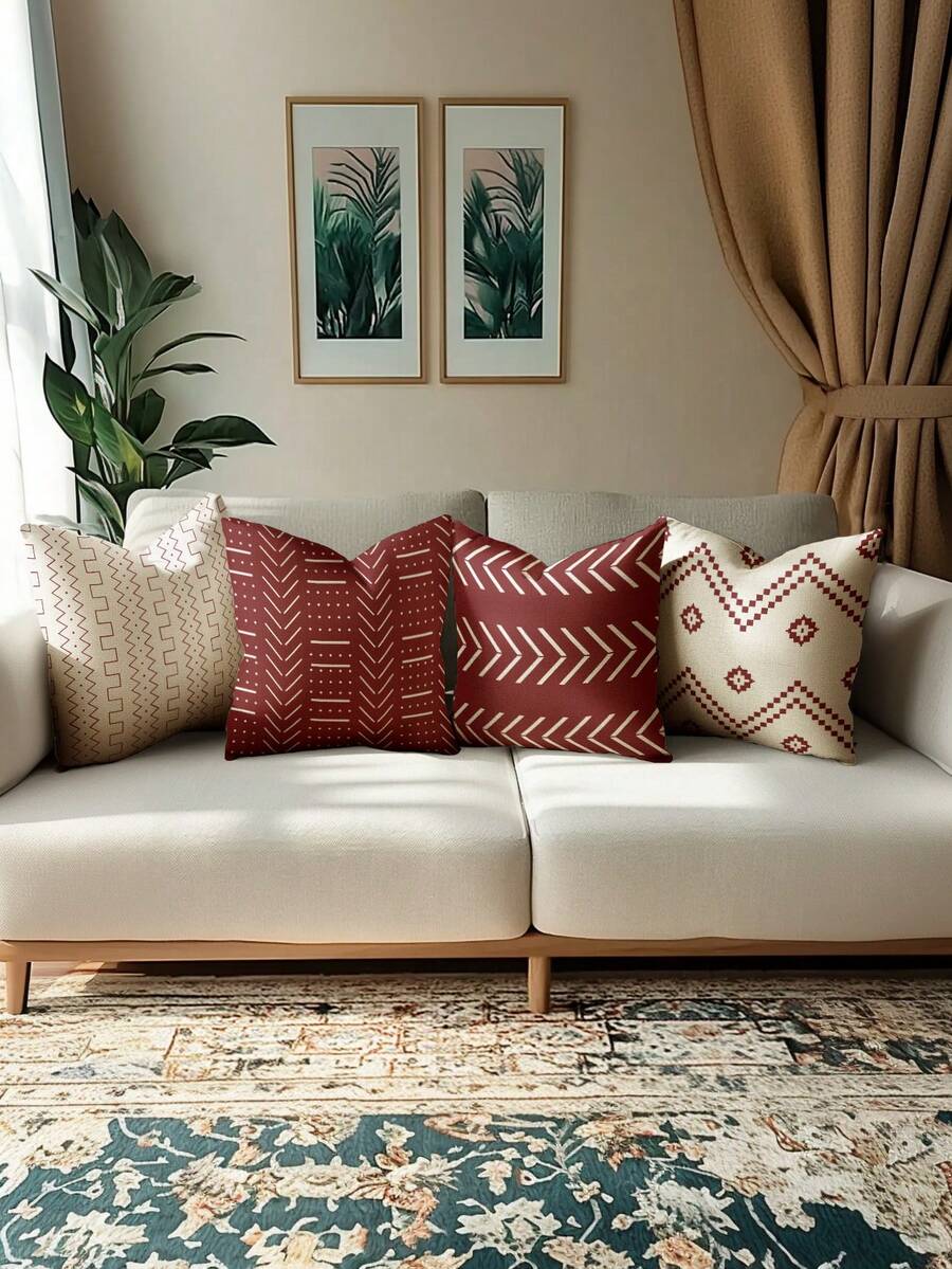4pcs Bohemian Geometric Pattern Zipper Pillow Covers - Machine Washable, Double-Sided Printing, Available In Brown, Black, Beige And White - Ideal For Living Room Sofa And Bedroom Decor (Pillow Inserts Not Included), Decorative Throw Pillows - Red - View 1