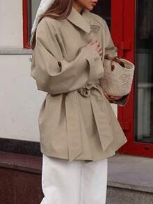 Women's New Design Casual Elegant Trench Coat, Mid-Length Jacket With Tie Waist, Long Sleeve, Vintage Thin Outerwear For Commuting, Autumn/Winter