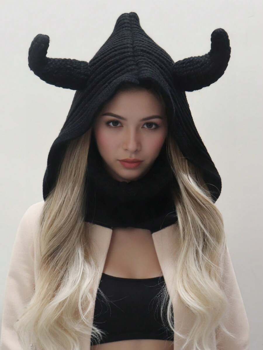 1 Piece Ladies' Hat Devil Horns Knitted Hooded Hat - Black With Red Horns, Unisex Novelty Costume Accessory Soft And Warm, Fall / Winter