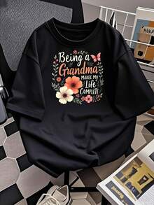 Exquisita camiseta con estampado de letras florales y mariposas para mujer, cómoda camiseta casual de manga corta con cuello redondo, adecuada para primavera y verano, artículos de moda y personalizados.Tamaño extra grande - Negro - Ver 1