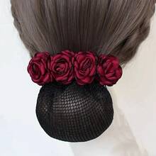 1 Piece Vintage Women's Hair Flower Net Elegant Flower Bow Hair Accessory Bun Daily Updo Hair Ornament - [紅色的] - 查看 2