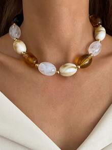 1pc Bohemian Geometric Asymmetrical Beaded Resin Chain Necklace, Luxurious Casual Party Women's & Couples' Wedding Holiday Versatile Metal Jewelry Gift - Necklace - View 12