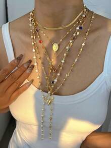 2-7pcs Vintage Elegant Fashion Hip Hop Retro Coin Rhinestone Embellished Pendant Necklace Set, Featuring Cross, Flower, Sun, Heart Designs, Tassel Decor, Y-Necklace, Choker, Suitable For Women, Vacation, Party, Daily Wear, All Seasons