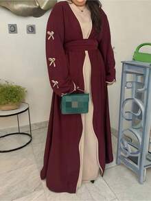 SuofeiMan Plus Size New Middle Eastern Fashion Simple Bow Abaya, Burgundy Solid Color Casual Soft Comfortable Robe & Includes Inner Lining, Belt, Suitable For Festivals, Daily Wear, 2 Pieces Set