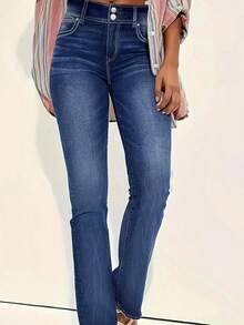 Women's Casual Fit Straight Leg Jeans, Paired With Multiple Button Decorations, Suitable For All Seasons, Suitable For Daily Outings, Parties, Vacations, Festivals, Rural Concerts - 薄荷藍 - 查看 2