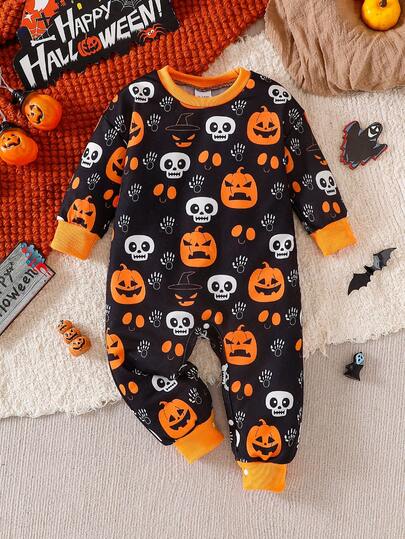 男婴万圣节南瓜骷髅印花长袖连体裤，可爱又有趣的万圣节主题秋冬装