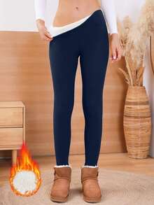 1 Paio di Pantaloni Base, Colore Unito Casual-Sportivo in Tessuto Maglia, Pantaloni Vita Alta Neri Taglia Grande, Foderati e Rinforzati Slim-Fit Lunghi, Pantaloni Aderenti Invernali ed Autunnali Simili alla Lana, Pantaloni Caldi, Pantaloni Vita Alta da Donna, Pantaloni da Yoga con Tasche - Blu Navy - Visualizzare 11