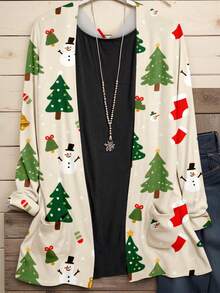 Plus 女款圣诞印花长袖带口袋开衫 - 杏色 - 查看 1