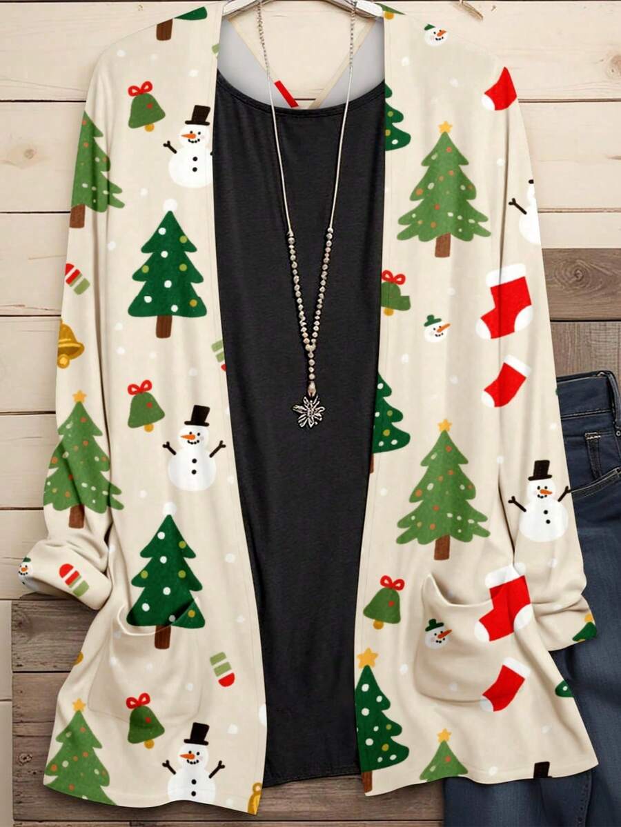 Plus 女款圣诞印花长袖带口袋开衫 - 杏色 - 查看 1