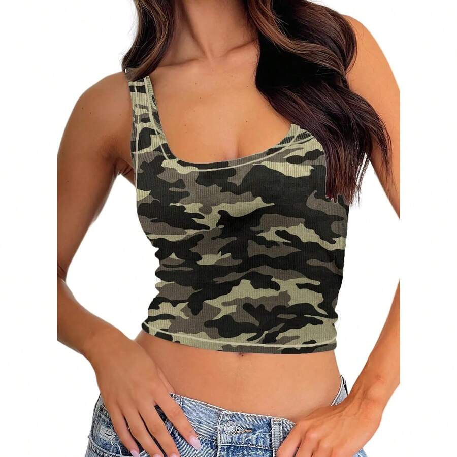 Camiseta de tirantes acanalada para mujer con acolchado, top de entrenamiento de cuello cuadrado, top corto ajustado, camiseta básica de tirantes - Camuflaje de jungla - Ver 1