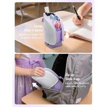 2 In 1 Standing Pencil Telescopic Pen Holder Stationery Pouch Organizer Box Large Storage Bag School Students Office Women Teens Girls Boys Purple Ash White