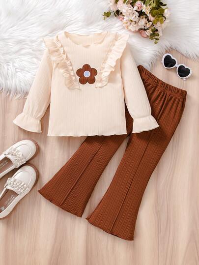 Conjunto de 2 peças para meninas para outono/inverno: apliques de pelúcia, decoração de bordado de flores, blusa fofa com bainha de babados, calças largas laranja confortáveis, moda vintage, tecido macio, adequado para passeios diários e festas, visual de princesa energético