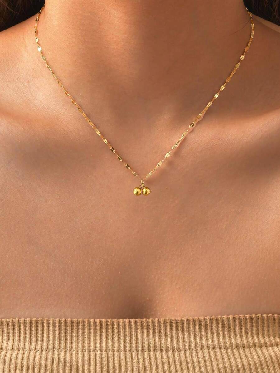 不锈钢防水不褪色可爱小巧樱桃吊坠项链，适合女性日常佩戴 - 金色 - 查看 1