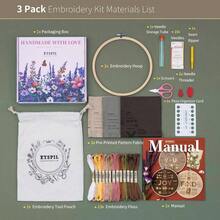 Embroidery Kit Adult Beginners, 3 - Pack 33 - Practice Samplers, Pre - Stamped Patterns, 8 - Inch Hoop, Threads Needles, Step - By - Step Guide Video, Needlework Women