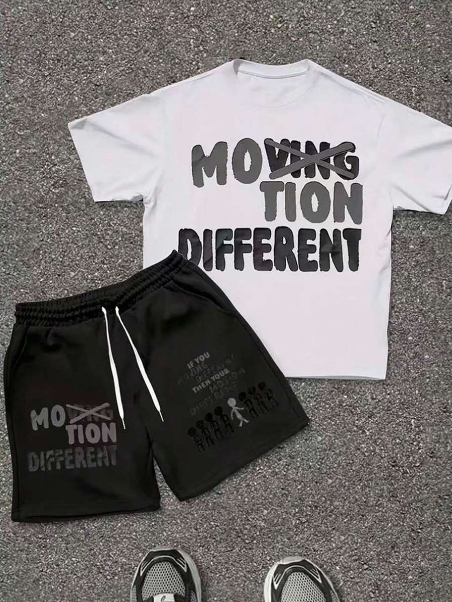 Men's Short Sleeved Shorts Set 2-Piece, Spring And Autumn Style Short Sleeved T-Shirt+Shorts, Soft And Comfortable, Machine Washable, Dry Cleanable, High-Quality - Artistic Font Slogan - Printed Pattern Pullover+Pants, Hip-Hop Style, Suitable For Festivals, Back To School, Streets, Outdoor Outings - White+Black - View 1