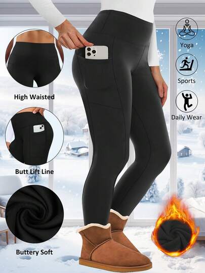 Plus Size Women's Thermal Leggings, High Waist Yoga Pants, Warm Tight Pants With Pockets For Winter