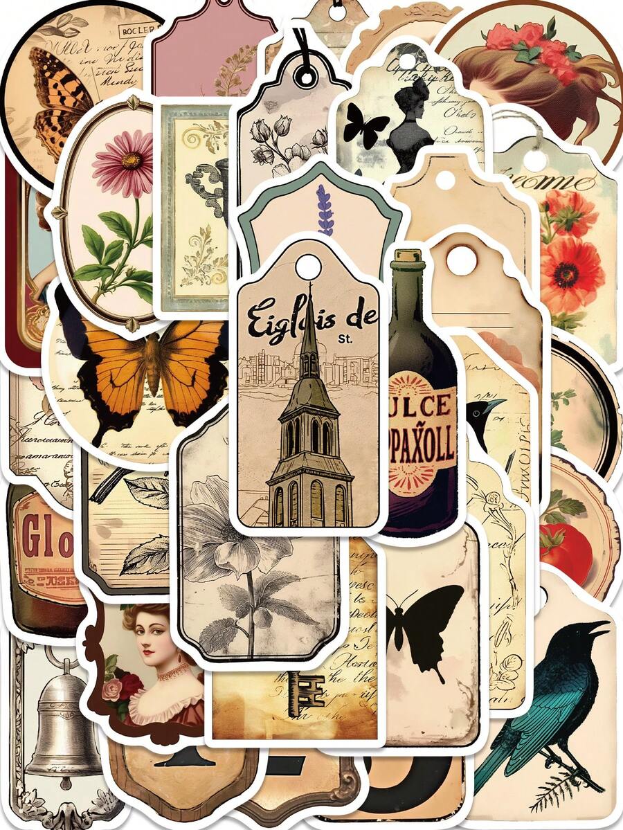 50PCS Vintage Faded Aesthetic Stickers For Scrapbook Journaling Water Bottles Laptop Scrapbooking Supplies Kit Waterproof Vinyl Bullet Junk Journal Stickers For Adults Christmas School Gift Decoration - Pink - View 1