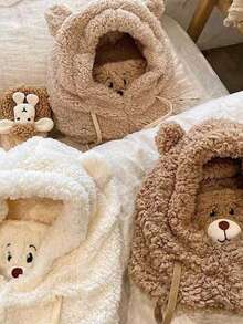 1 Cartoon Bear Plush Hat, Parent-Child With Scarf And Mask, 3-In-1 Fleece Earmuffs, Soft Double Layer, Elastic Drawstring Closure, 100% Polyester, Hand Wash, Lightweight And Suitable For Autumn And Winter Seasons, Daily Wear On Christmas - Multicolor - View 6