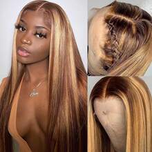 Highlight Wig Human Hair Straight Highlight Ombre Lace Front Wigs Human Hair Ombre Brown 13x4 Full HD Lace Frontal Wigs For Women 24 Inch - S4/27 - Xem 2